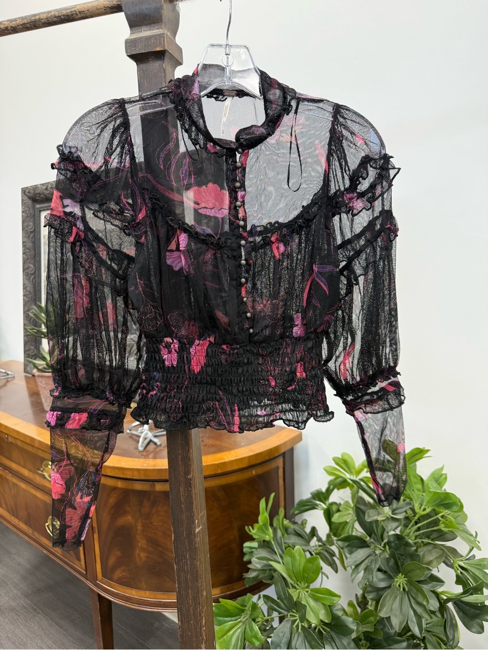 Free People Black Sheer Floral Smocked Blouse with Pink Accents
